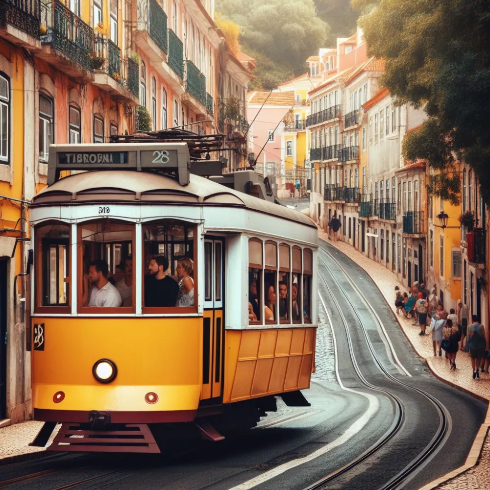 Žlutá tramvaj v Lisabonu dle AI