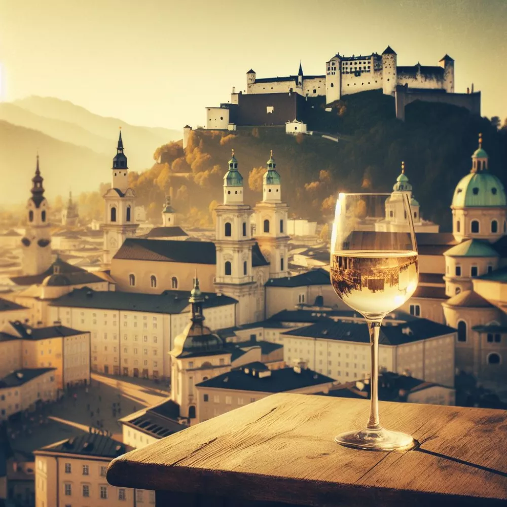 Sklenka bílého vína v Salzburgu (AI)