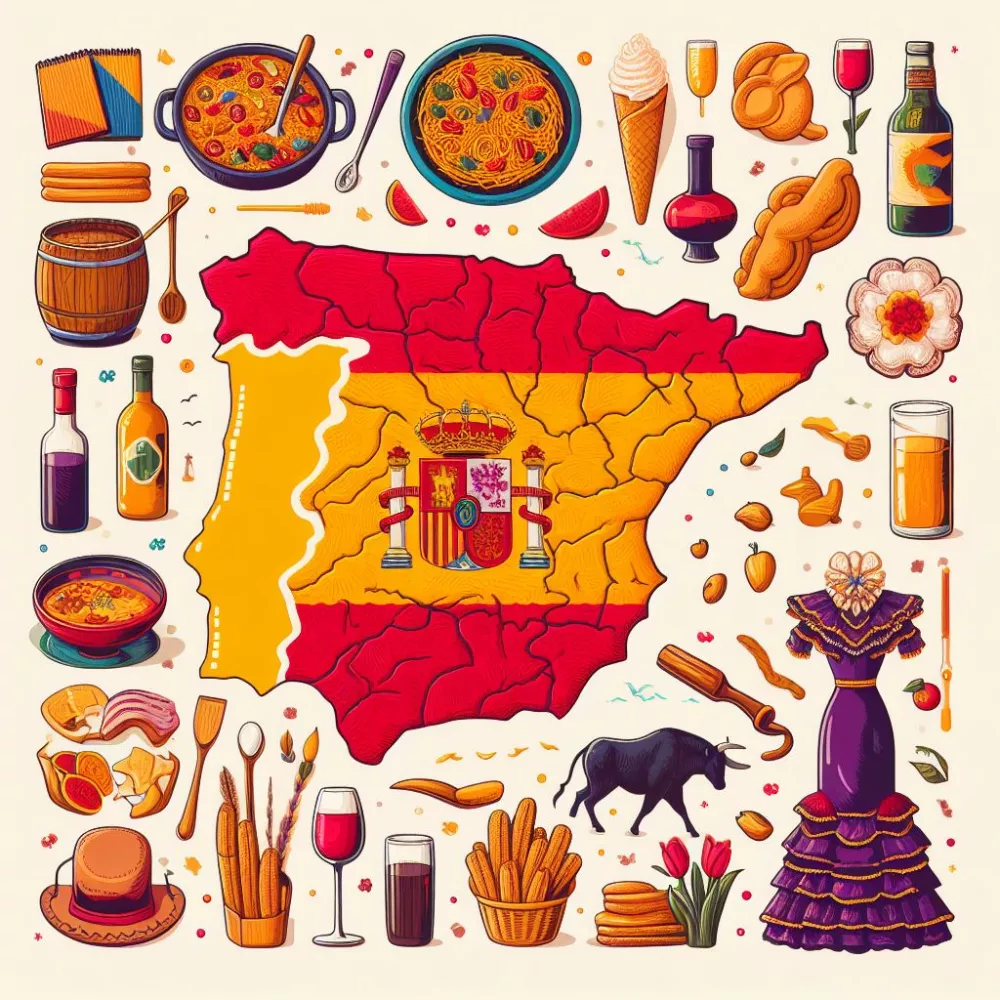 Mapa Španělska s typickými produkty (AI)